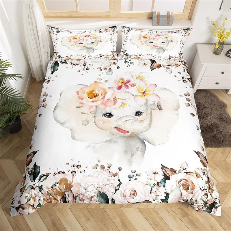Kawaii Elefant Bettbezug Einzelbett Cartoon Tier Bettwäsche Set Floraler Bettdeckenbezug Mikrofaser Schmetterling Bettsets für Jungen Mädchen