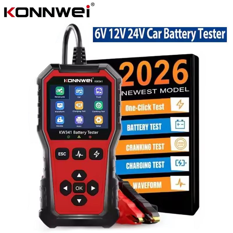 KONNWEI KW341 Car Moto Truck Battery Diagnostic Tool 6V 12V 24V Fault Data Printing Start Voltage Test Car Battery Charging Scan
