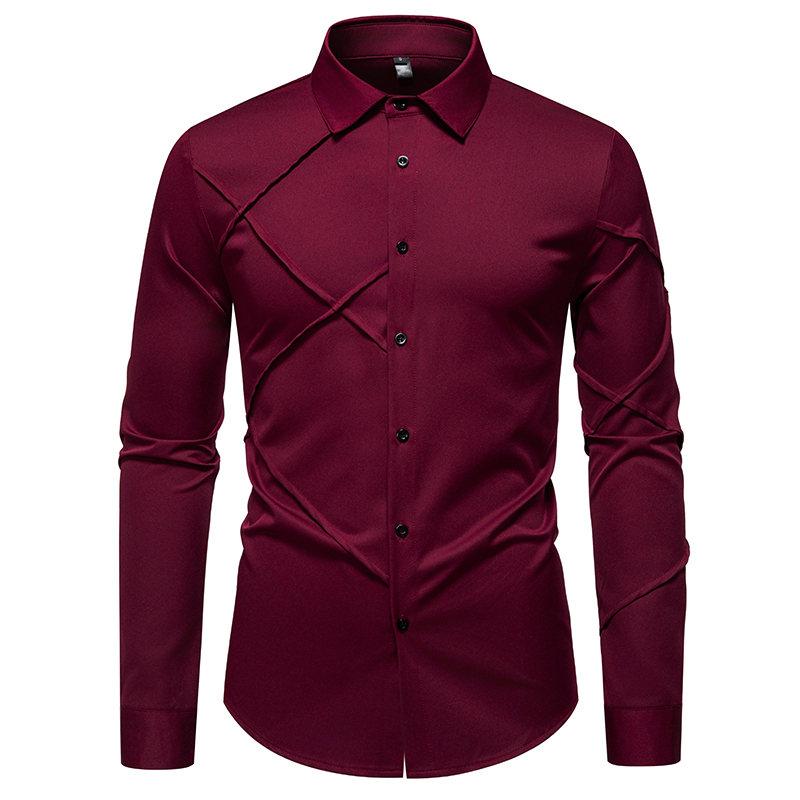 

Autumn Men s New Fashion Pleated Design Long Sleeve Shirt Men Solid Shirts Male Versatile Casual Social Wedding Party Business US XXL вино красного