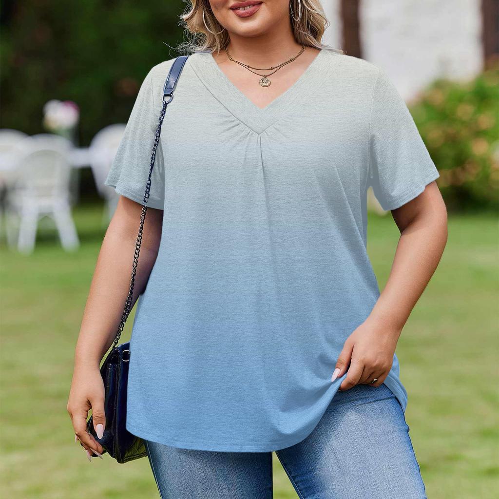 Damska Modna Codzienna Luźna Bluzka Plus Size z Krótkim Rękawem Elegancka z Dekoltem V Do Pracy