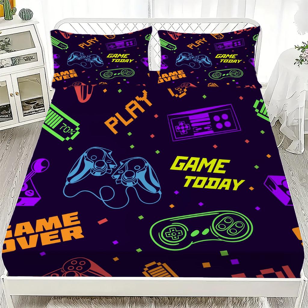 Game Controller Fitted Sheet Set 3D For Boys' Bedroom Decor Queen Size King Size Skin Friendly Washed Cotton Fitted Sheet