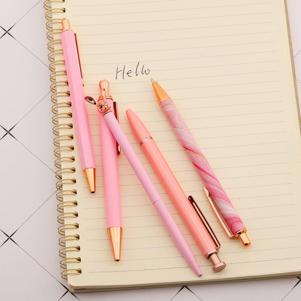 Cute Pink Press Rotate Ballpoint Pen Papetărie din metal Kawaii de lux Rechizite de birou pentru școală 5 bucăți