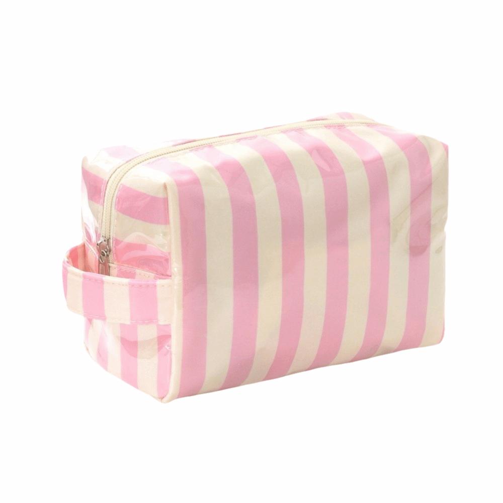Waterproof Striped Toiletry Bag Large Capacity Pink Travel Cosmetic Storage Bag Simple Portable PVC Makeup Organizer Beach