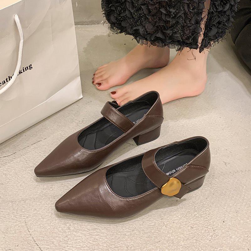Mary Jane Pointed Small Leather Shoes Women's Soft-soled Single Shoes Spring Loafers Shoes Retro Brown New 2025 French