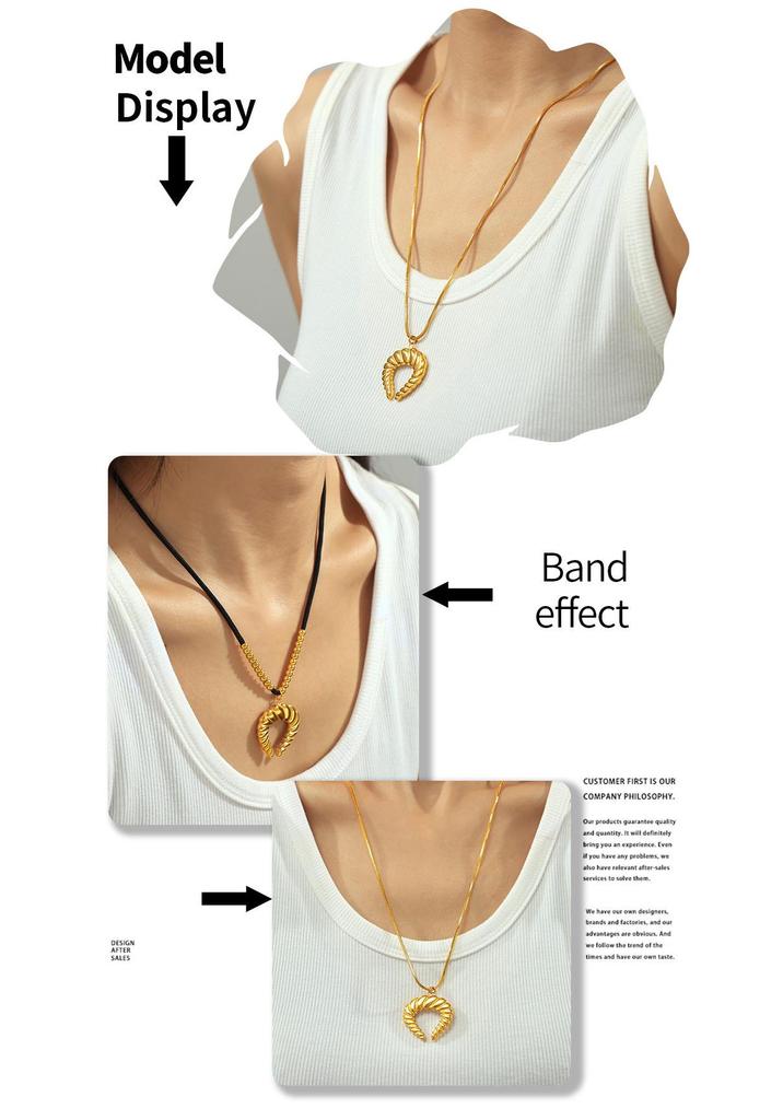18K Gold-Plated Retro Horn Pendant Necklace with Ribbed Clavicle Chain - Non-Fading, European & American Individual Design.