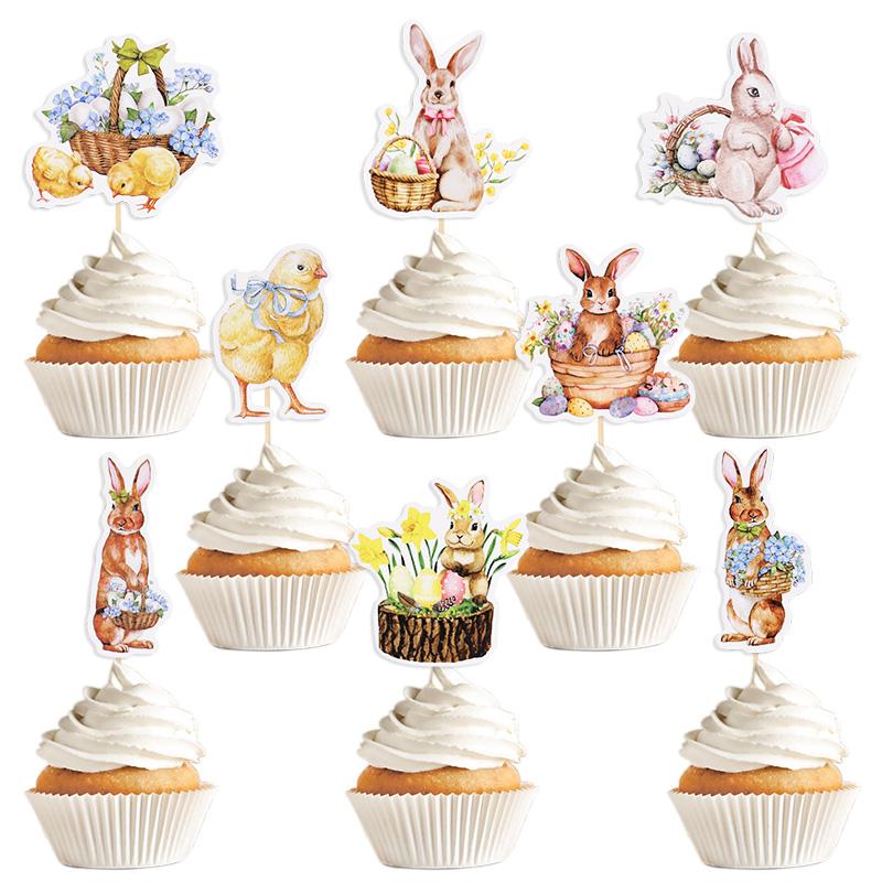 8/16pcs Easter Bunny Chick Cupcake Toppers Happy Easter Party Cake Dessert DIY Decoration Kids Birthday Party Favors Supplies