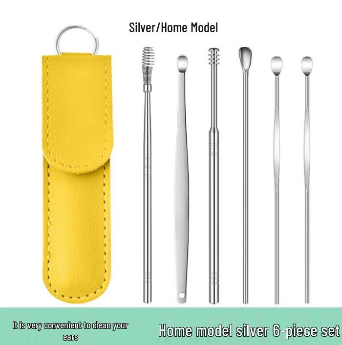 6-Piece Stainless Steel Ear Pick Set with PU Leather Case