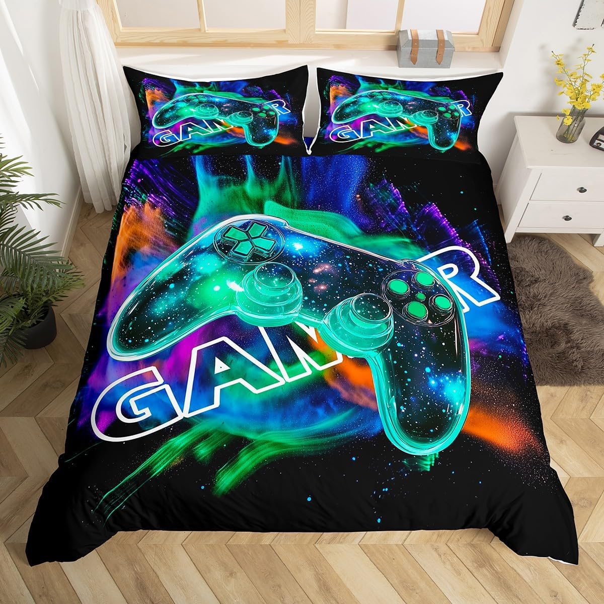 

Boys Gaming Full King Duvet Cover Set,Cool Video Game Console Print Comforter Cover With Pillowcase,3D Gamepad Gamer Bedding Set EU Single(135x200cm)