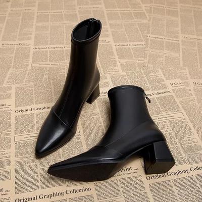 Nuovi Stivaletti Chelsea Sexy Primaverili Punta Appuntita Tacco Grosso Cerniera Sul Retro Tacco Medio Scarpe da Donna Microfibra Tempo Libero Confortevoli Lisci