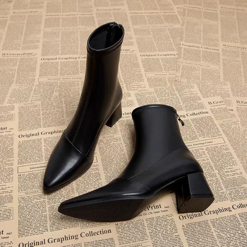 New Spring Sexy Chelsea Boots Pointed Tip Thick Heel Back Zipper Middle Follow Women Shoes Microfiber Leisure Comfortable Smooth