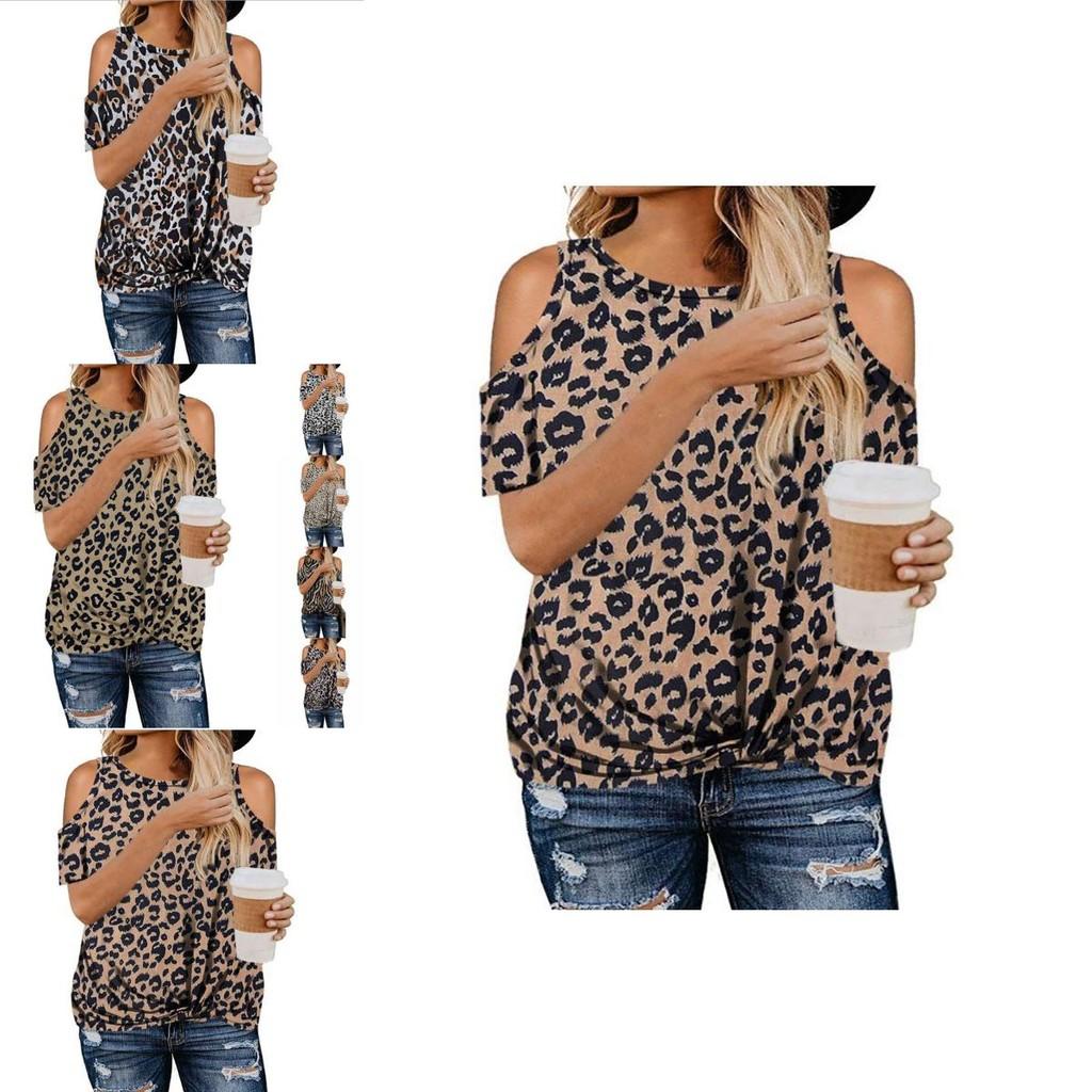 Stylish Women's Leopard Print T-shirt Featuring Cold Shoulder Design Perfect For Summer Wear