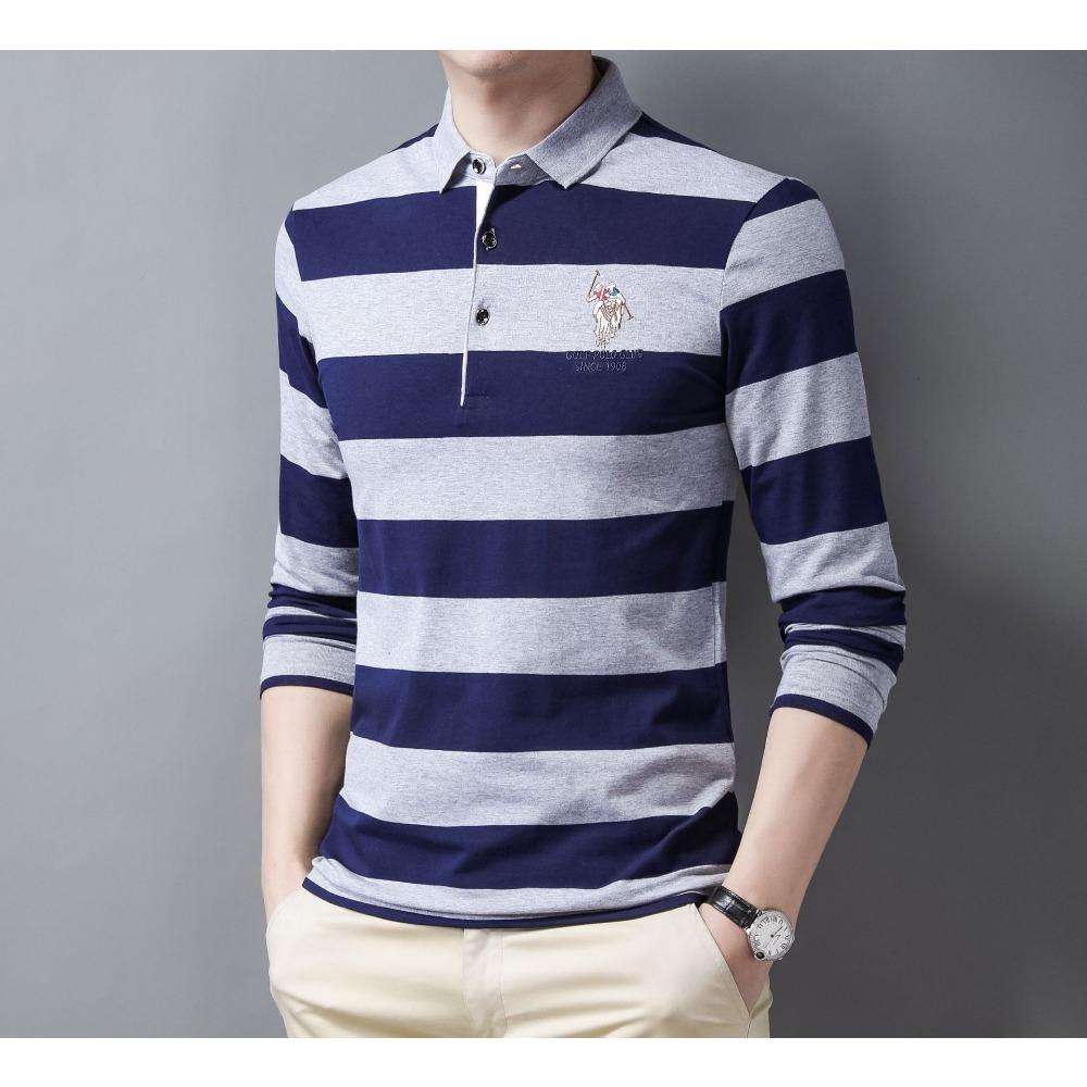 Men's Autumn New Long-sleeved T-shirt Men's Casual Korean Version Trendy Lapel Striped Business Polo Shirt Top