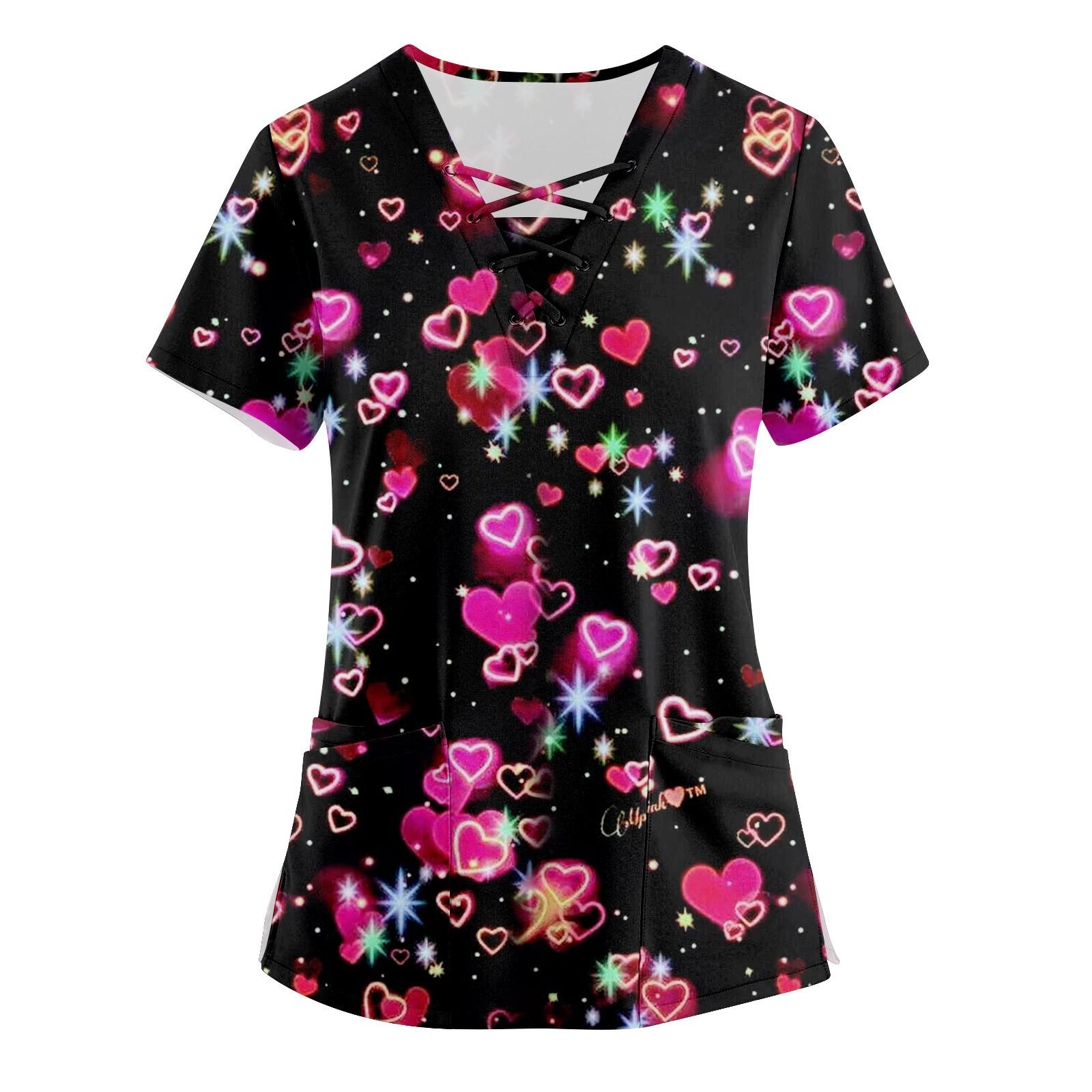 

Женские топы с перекрестным v-образным вырезом и принтом ко Дню святого Валентина, забавные футболки с короткими рукавами, рабочая одежда, футболка с карманами XXL чёрный