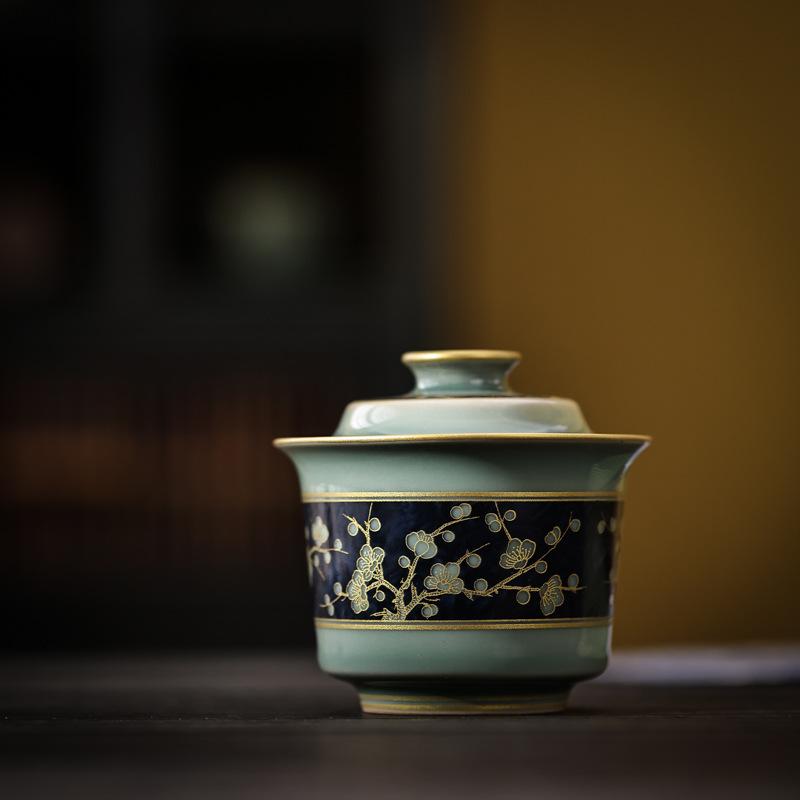 Retro Celadon Cover Bowl Elegant Tea Maker Large Household Ceramic Kung Fu Tea Set Tea Bowl Blue and White Porcelain