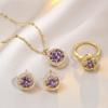 Sweet Rotatable Purple Zircon Clover Pendant Necklace Earrings Sets for Women Girls Stainless Steel Chain Accessories Gifts