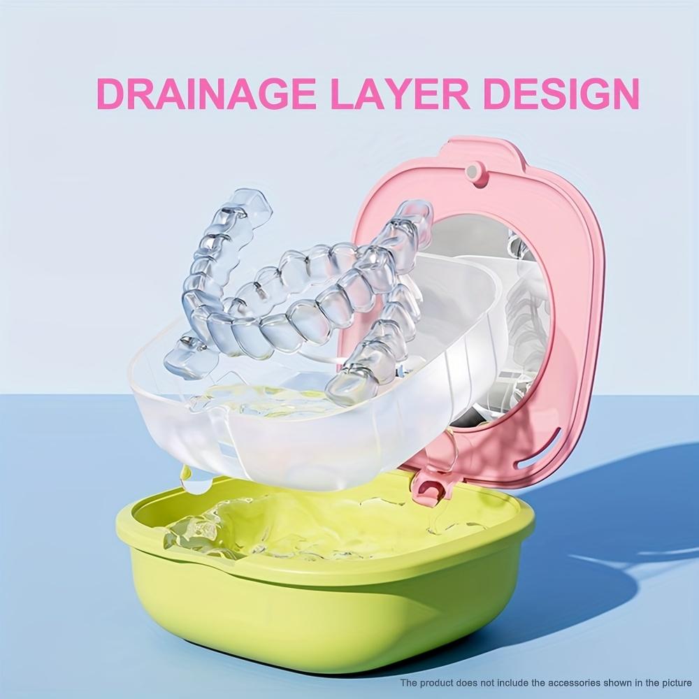 Portable Retainer Case with Mirror & Drainage Layer Braces Storage Box Daily Oral Cleaning False Teeth Aligner Denture Container