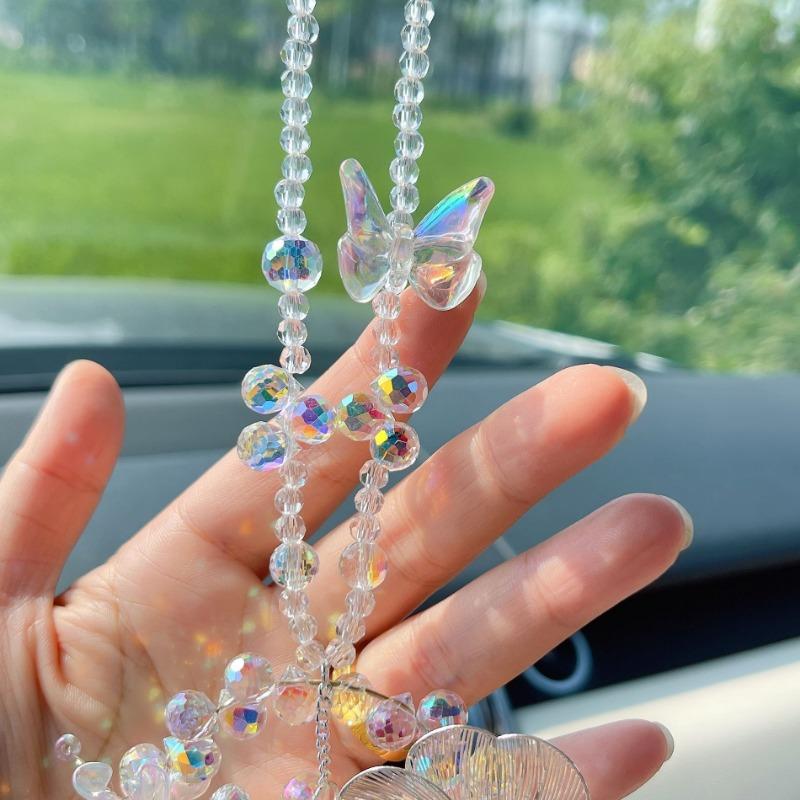Women S Crystal Flower Car Rearview Mirror Pendant Car Decoration