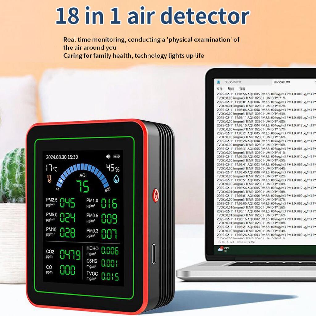 Air Quality Meter 18 in 1 CO2 TVOC HCHO PM2.5 PM10 Temp Humid Detect Tester Indoor Battery Powered Data Storage Black