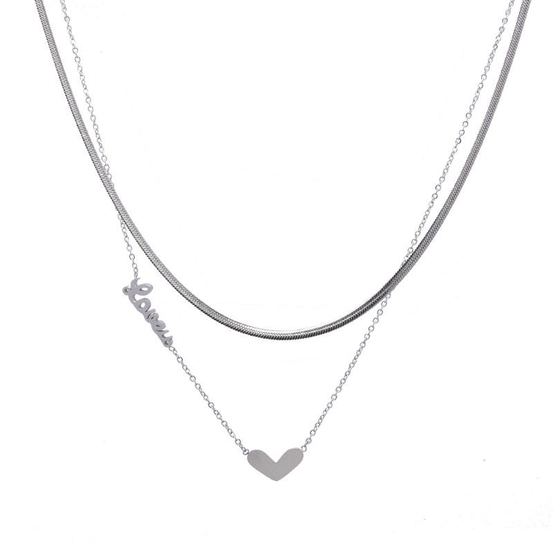 Titanium steel double layer stacked heart pendant necklace ins cold wind snake bone chain personalized collarbone chain hip hop necklace tide