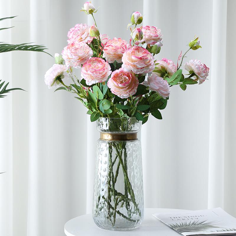 Fiori Artificiali in Seta Peonia a 3 Teste Rosa Occidentale Ornamento Floreale per Decorazione Matrimonio