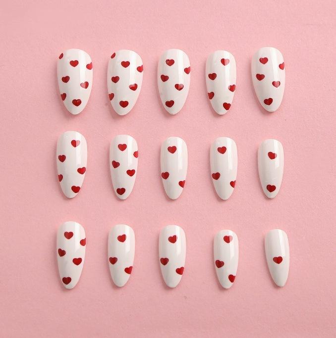 24 Pieces Of White With Burgundy Love Manicure Valentine'S Day Niche Girl Wearing Nail Red Love Fake Nails