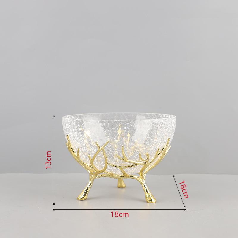 Ice Cracked Texture Fruits Bowl Golden Branches Bracket Glass Storage Tray Snacks and Nuts Bowl Home Kitchen Dessert Cutlery