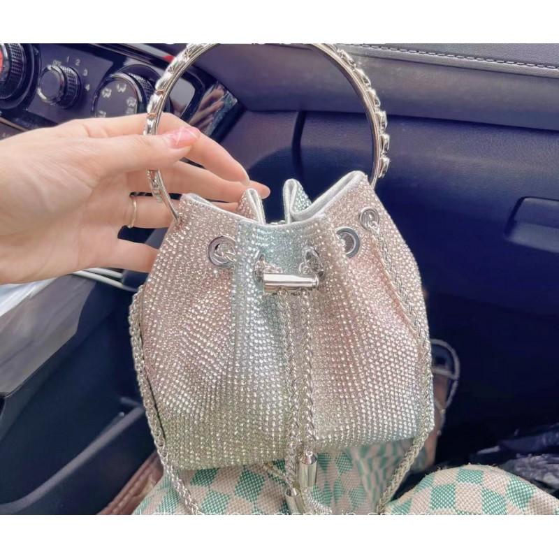 Sparkling Rhinestone Bucket Bag Women PU Leather Small Square Handbag Vintage Style Fashion Accessory