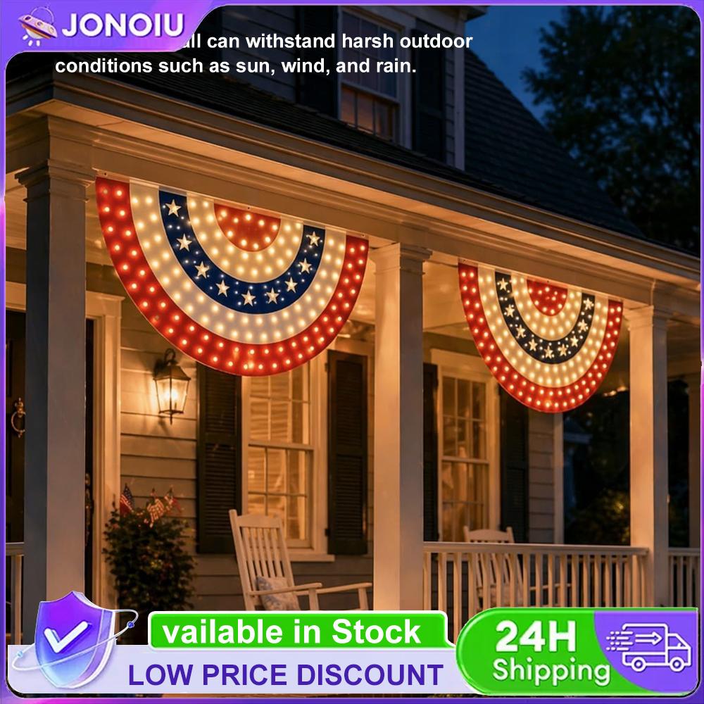 USA 250th Half Fan American Flag with LED Light Memorial Patriotic Banner Flags for House Deck Fence Independence Day Decor