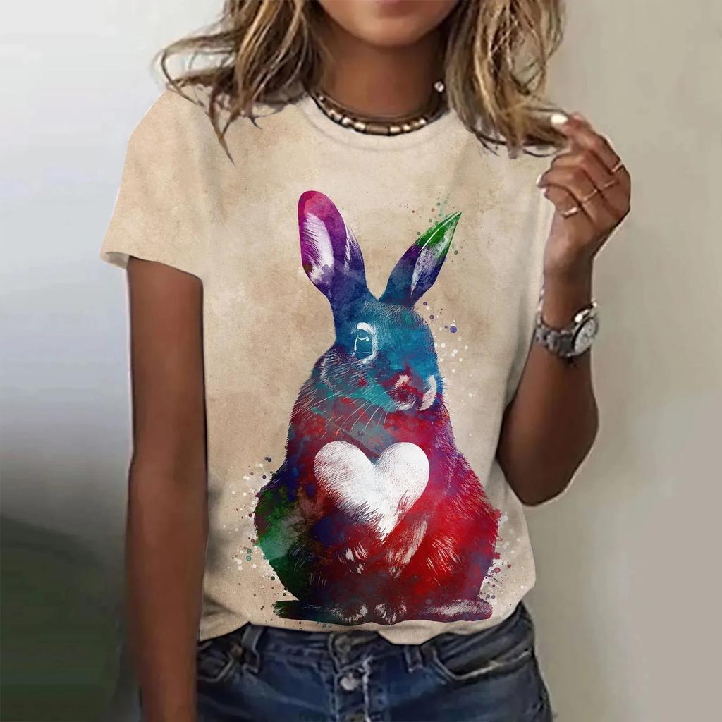 2024 New popular personality 3D women's T-shirt fun cute rabbit print ladies short-sleeved round neck top refreshing breathable
