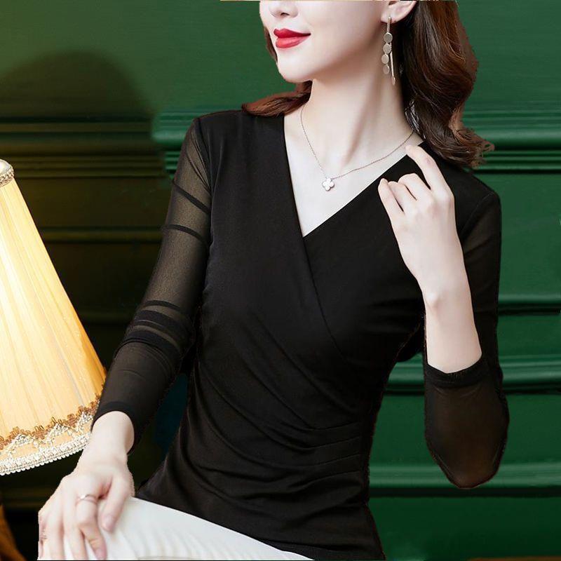 Spring Autumn New Korean Slim Fit Bottoming Shirt Fashion Black Mesh Cross V-neck Pullovers Top Long Sleeve T-shirt for Women