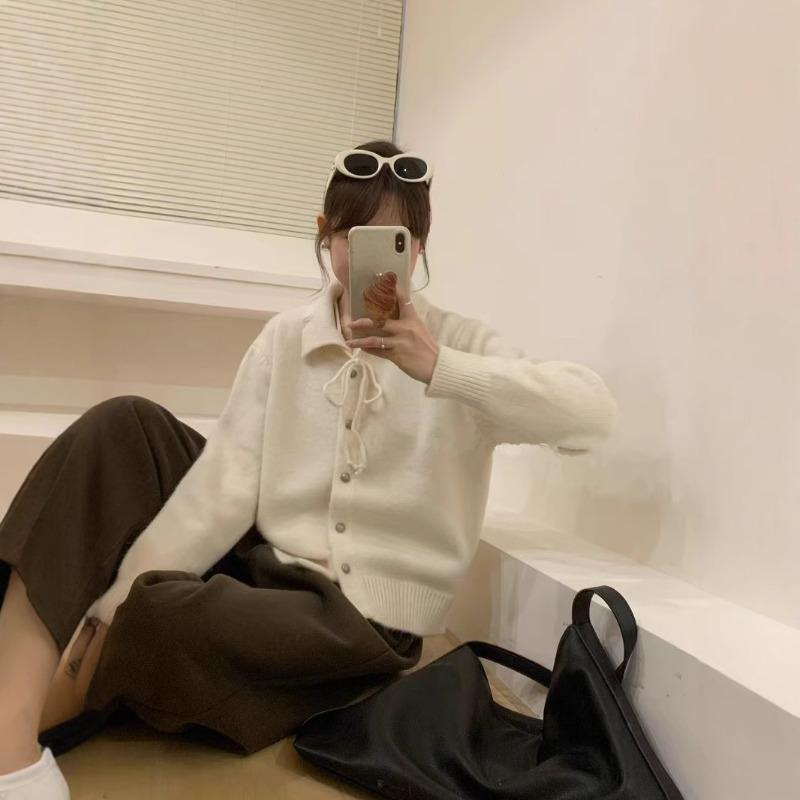 Early spring atmosphere sweet lace-up single-breasted loose knitted coat women's long-sleeved simple solid-color coat