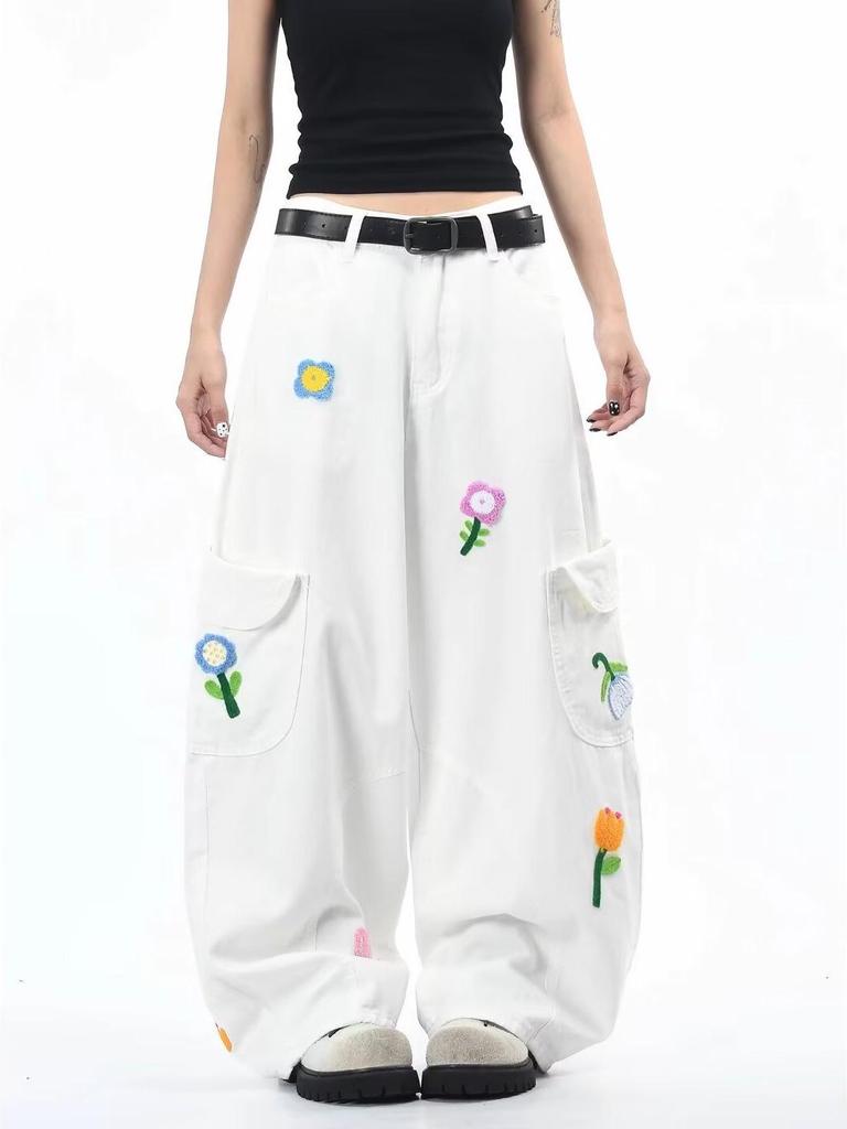 Burgundy Floral Embroidery Retro Cargo Pants - Unisex Loose Fit Denim with Wide Legs for Autumn