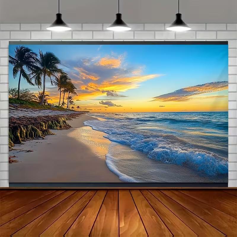 2D Beach Sunset Photo Backdrop Summer Luau Party Decor Cloth
