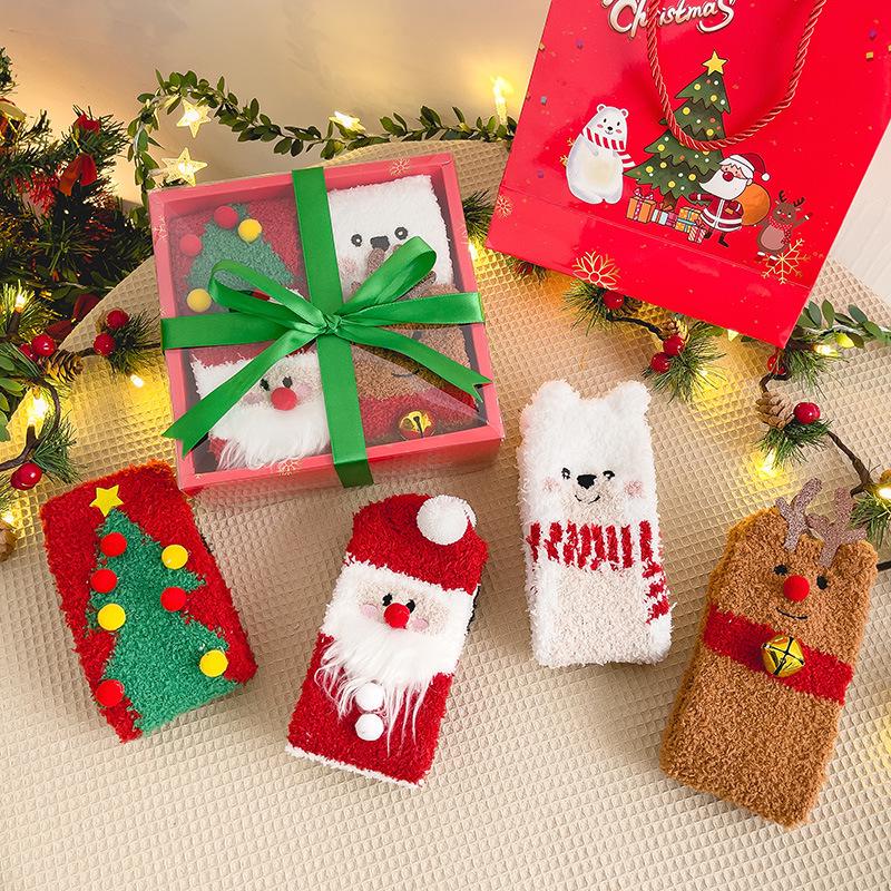 

2024 Christmas Reindeer & Santa Gift Box: 4 Pairs Parent-Child Coral Fleece Sleep Socks
