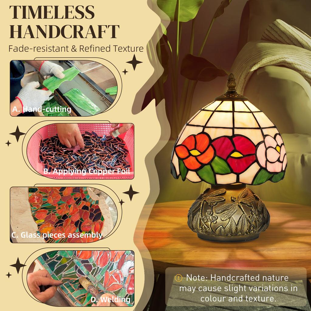 Handcrafted Classic Stained Glass Bedside Lamp Tiffany Style Table Lamp With Sculpted Dragonfly Base Multi Coloured