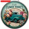 1pc 2d Flat Retro Round Wooden Sign Flower Market Flower Truck, Novel and Interesting Garage Bar Kitchen Home Family Friend Gift Wooden Sign- 20cm