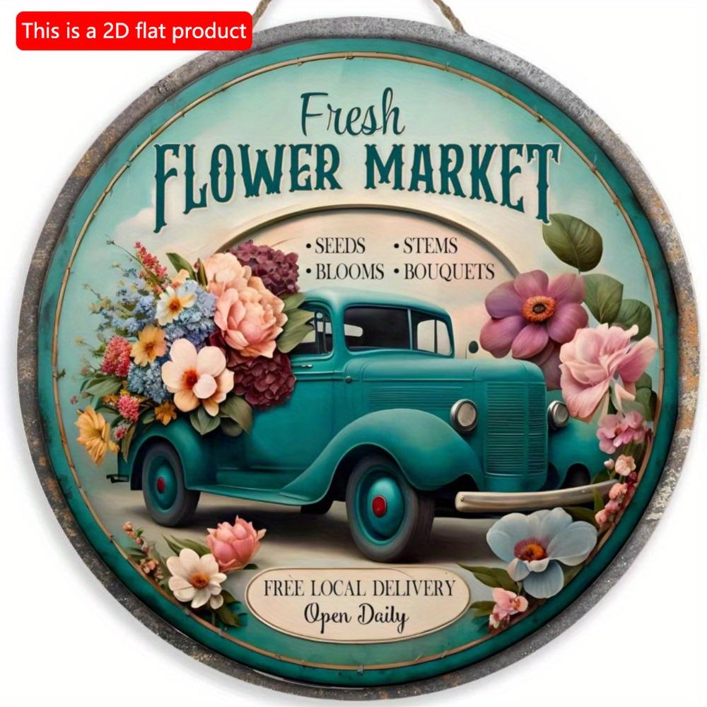 1pc 2d Flat Retro Round Wooden Sign Flower Market Flower Truck, Novel and Interesting Garage Bar Kitchen Home Family Friend Gift Wooden Sign- 20cm