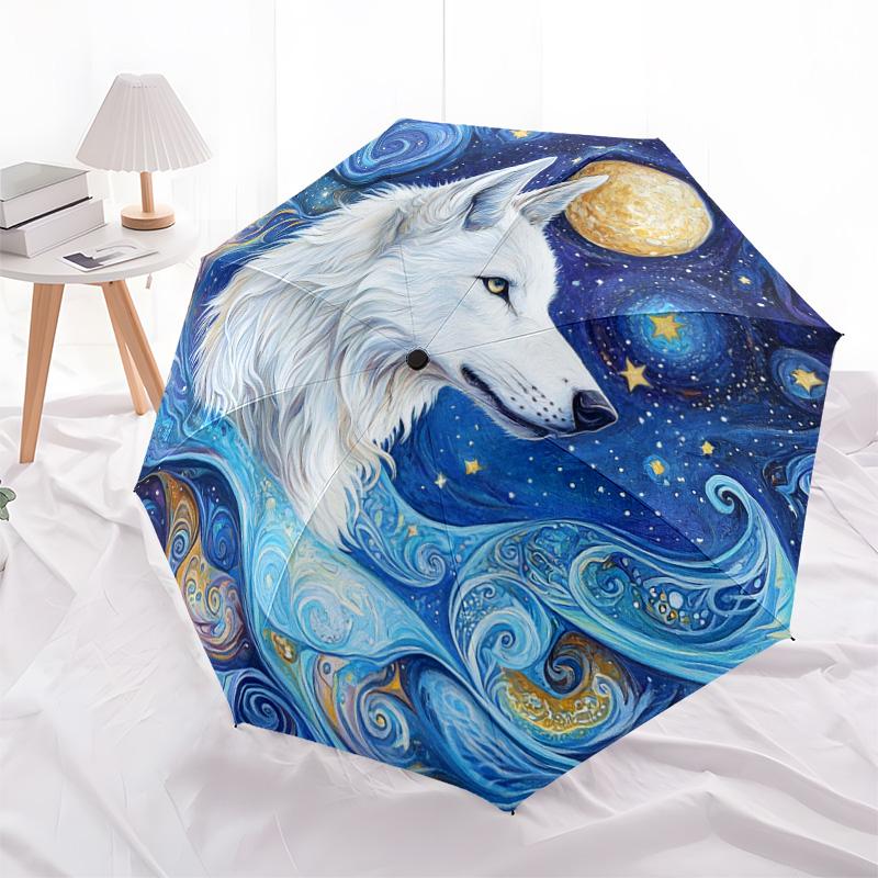 1 Stück Automatischer Faltregenschirm - Weißes Wolfsmuster, Tragbares & Faltbares Design mit 8 Speichen, Weihnachts-Geburtstagsgeschenke