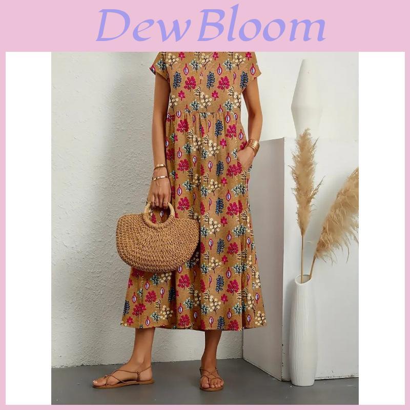 Cotton Linen Floral Print Summer Dress With Round Neck For Women