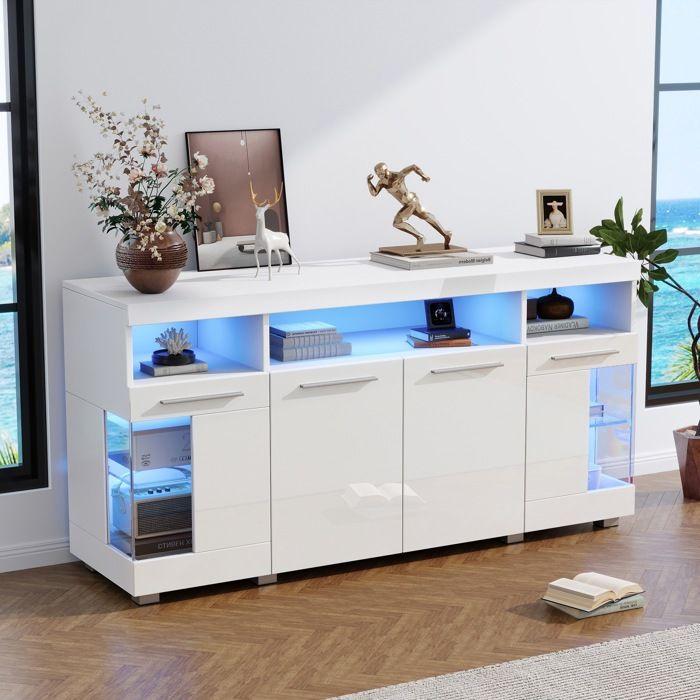 Side Table 140x40x70 Cm, High-gloss Lacquered Side Furniture, LED, Sideboard, Tempered Glass Side Furniture, 3 Compartments, White