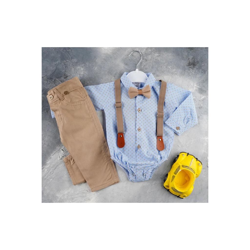 Festive 4-piece Set With Polka Dot Bodysuit Style Adjustable Waist Linen Trousers
