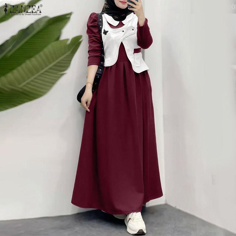 ZANZEA Damen Freizeit Rundhals Langarm Locker Patchwork Langkleid