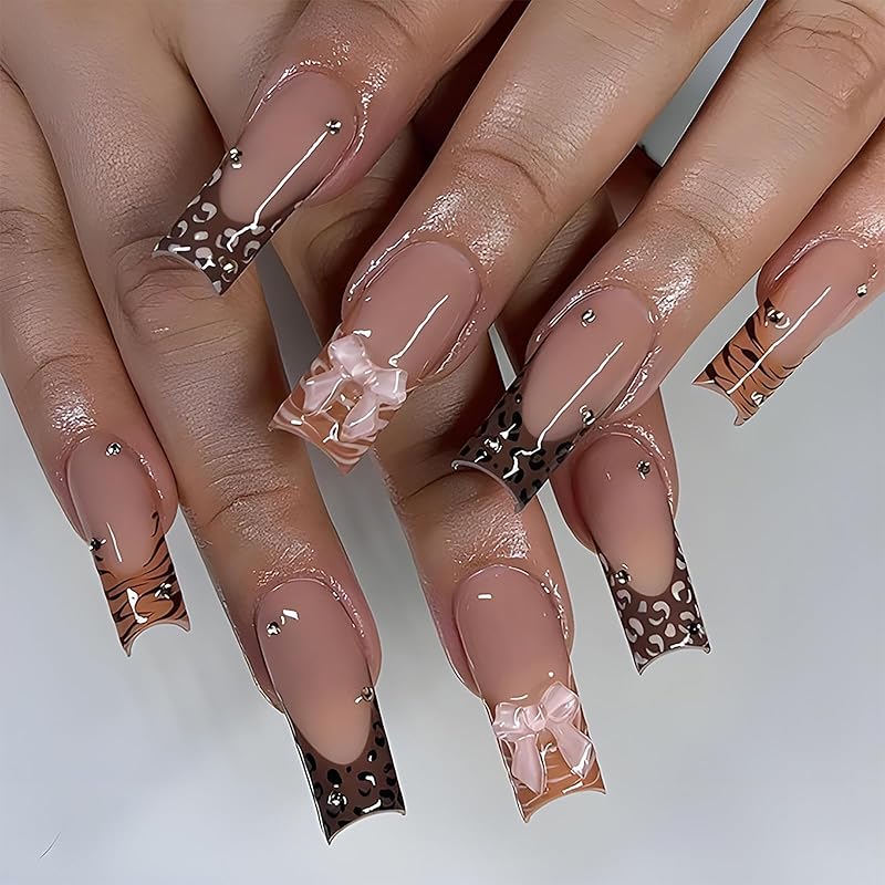 24 Pcs Handmade Coffin Press on Nails Long Fake Nails with 3D Bow Rhinestone Designs Artificial Acrylic Nails Press ons Black French Tip False Nails Brown leopard Design