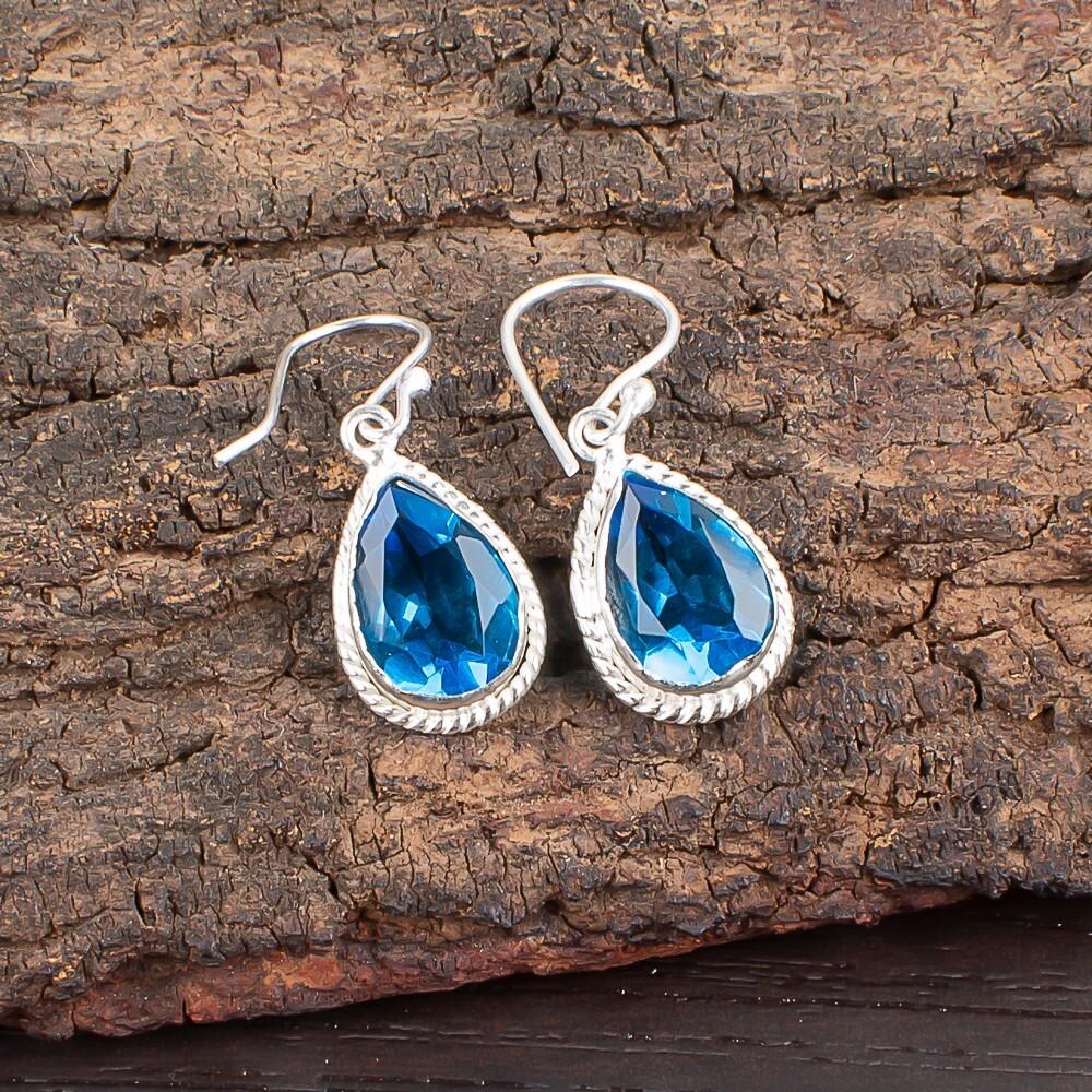 Swiss Blue Topaz Gemstone 925 Sterling Silver Handcrafted Women's Earrings 1.40" EE-9-6