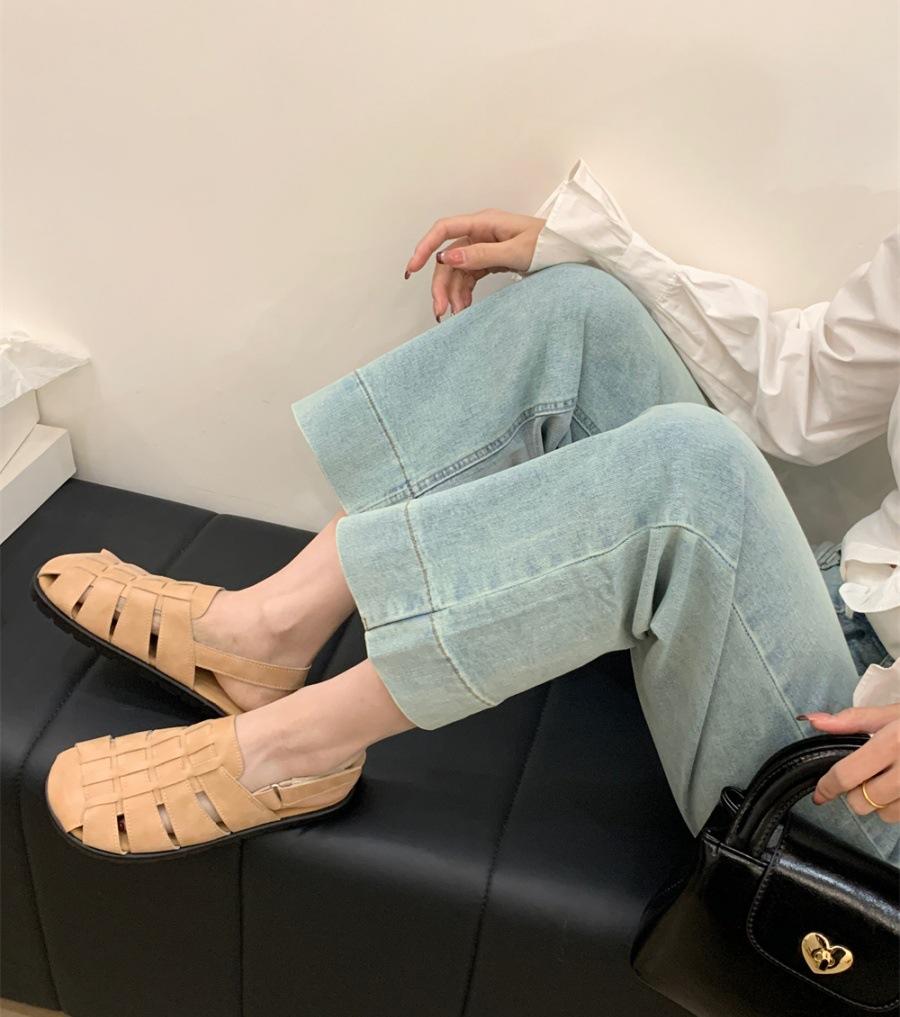 Baotou half slippers 2025 summer new outer wear woven hollow women's muller shoes leather square head retro Roman sandals