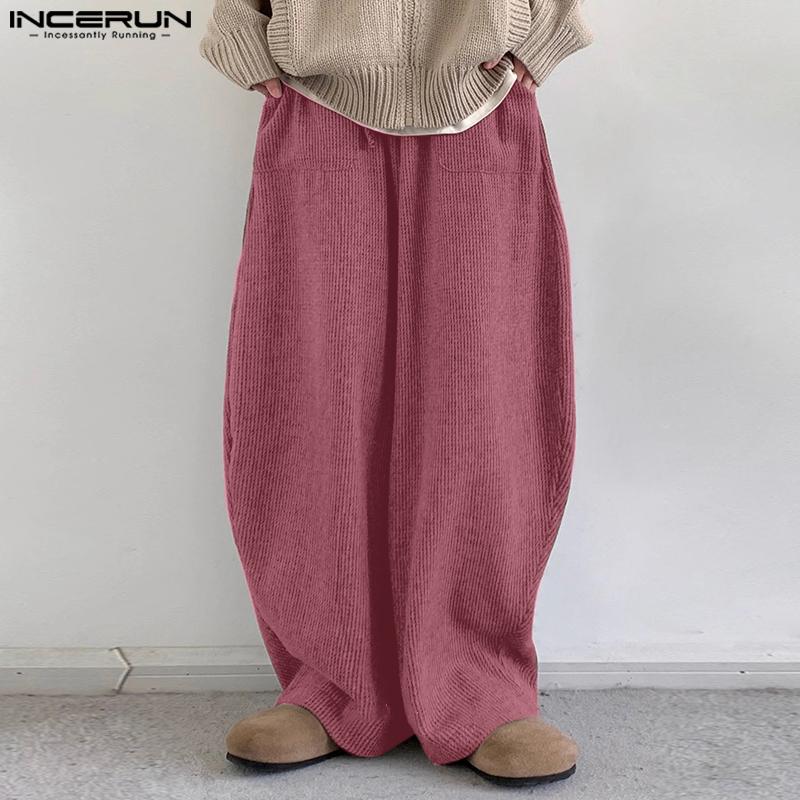 INCERUN Pánské jarní kalhoty s texturou, ležérní volné dlouhé kalhoty s elastickým pasem na stahovací šňůrku a kapsami