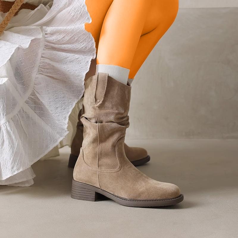 New Style Women's Natural Suede Leather Small Square Toe Slip-on Autumn Pleated Knee High Boots Casual Female Punk Western Boots