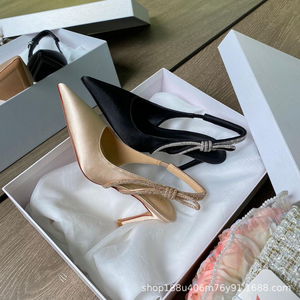 [New] One-word Sandals with Bag Head, Women's Autumn French Satin, Beautiful Temperament, Pointed Thin Heels, High Heels