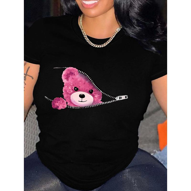 

Teddy Bear Graphic Print T-shirt, Short Sleeve Crew Neck Casual Top For Summer Spring, Women s Clothing S