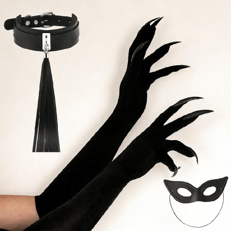 Black Cats Costumes for Women Cats Ears Headband Tail Paws Gloves Collar Mask Halloween Costume Accessories Adult Kids